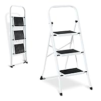 Double Elite Step Ladder 3 Step Folding with Handgrip, Sturdy 330Lbs Load Stylish Step Stools for Adults, Safer Folding Step Stool Ladder, Small 3 Step Ladder for Home with Anti-Slip Wide Pedals,White