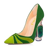 FSJ Women Bridal Pointed Toe Chunky Block High Heel Crystal Pumps Slip on Wedding Thick Comfort Evening Dress Shoes Size 4-15 US