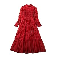 Designer Elegant Lace Red Wedding Party Dresses for Women Long Sleeve Ruffles Midi Mesh Dresses
