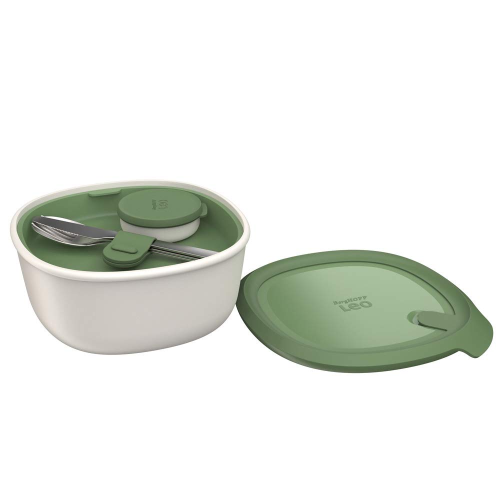 BergHOFF LEO PP Lunch Box Set Covered Bowl, Flatware With Sleeve, Small Sauce Container 7.75" x 7.75" x 3.75" 1.75 qt. White & Green Le...
