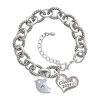 Silvertone Little Bird Initial - Class of 2024 Heart Charm Link Bracelet, 7.25+1.25