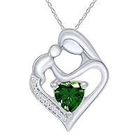 Jewel Zone US Mothers Day Jewelry Gifts Simulated Emerald & White Natural Diamond Accent Mother & Child Heart Pendant in 14k White Gold Over Sterling Silver (11/10 Cttw)
