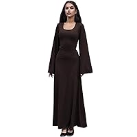 Women's Bell Long Sleeve Maxi Dress U Neck Solid Color Ribbed Slim Fit Casual Dress Soft Lounge Bodycon Dress