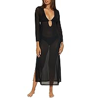 Trina Turk Elaire Mesh Maxi Dress, Casual, Plunge Neck, Long Sleeve, Beach Cover Ups for Women