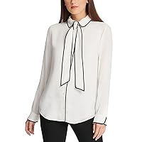 DKNY Womens Petites Button-Down Collared Blouse White PM