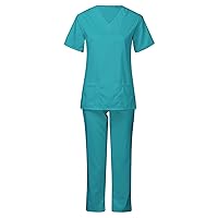 Women's Two Piece Outfit Nurse Working Uniform Short Sleeve V Neck Scrubs Tops and Pants Workwear Set with Pockets