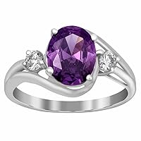 6X8 MM Oval Amethyst Gemstone 925 Sterling Silver Solitaire Accents Ring