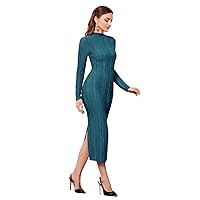 Dresses for Women - Mock Neck Textured Bodycon Dress (Color : Teal Blue, Size : Small)