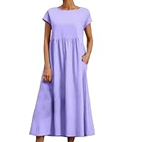Womens Cotton Linen Maxi Dress with Pockets Casual Short Sleeve Crew Neck Baggy Loose Flowy Beach Dress