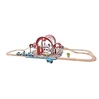 Hape Grand City Station with Light and Sound| 49 PCs Wooden Pretend Play Railway Set with Projector and Recorder for Kids, Medium