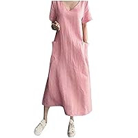 Summer Dresses for Women 2023 Spring and Summer Women Short Sleeved V Neck Causal Dress with Pocket