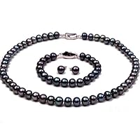 JYX Pearl Necklace Set 9-10mm AA Dark Blue Freshwater Pearl Necklace Bracelet and Earrings Set