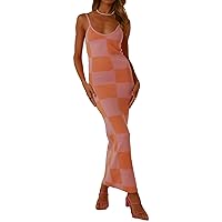 Low Cut Ribbed Knit Long Bodycon Sling Dress Sleeveless Spaghetti Straps Club Party Floral Maxi Dress for Women