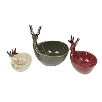 MY SWANKY HOME Adorable Set Three Ceramic Deer Bowls Red Green White Reindeer Holiday Dish