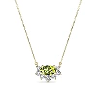 Oval Peridot & Round Natural Diamond 3/8 ctw Women Pendant Necklace. Included 16 Inches Chain 14K Gold