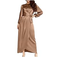 Women's Dress Long Sleeve Fall Dresses Solid Color Feminine Tunic Dress Satin Muslim Dress, S-2XL