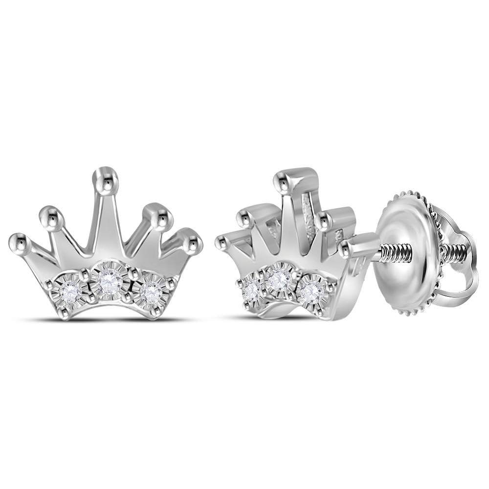 The Diamond Deal Sterling Silver Unisex Round Diamond Crown Stud Earrings 1/20 Cttw