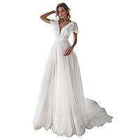 Xijun Boho Wedding Dresses for Bride 2023 Dot Tulle Elegant Lace Appliques Cap Sleeve V-Neck Bridal Gown