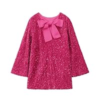 Women's Elegant Sequined Mini Dress Bow Crew Neck Long Sleeve Party Evening Club Holiday Dresses