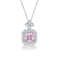 925 Sterling Silver Necklace for Women and Girls, Square and Flower Cubic Zirconia Pendant Idea for Anniversaries, Birthdays, Weddings