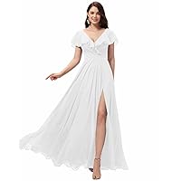 Elegant Chiffon Bridesmaid Dress Ruffle Sleeves V-Neck Slit Long Evening Gown Backless Formal Party Dress