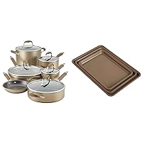 Anolon Advanced Home Hard-Anodized Nonstick 11-Piece Cookware Set (Bronze) & Gourmet Nonstick Bakeware Set with Nonstick Cookie Sheets/Baking Sheets - 3 Piece, Bronze Brown