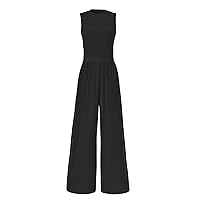 PRETTYGARDEN Womens Summer Jumpsuits Dressy Casual One Piece Outfits Sleeveless Crew Neck Wide Leg Pants Rompers with Pockets