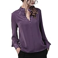 Vintage Women Purple Embroidered Long Sleeve Blouse Loose Stand-Up Collar Beaded Office Ladies Shirt Autumn Top