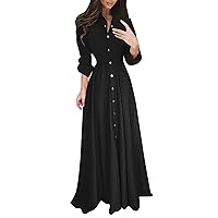 Sexy Black Dress for Women Long,Women's Summer Solid Dress Maxi Shirt Long Sleeve Single Breasted Dress Casual