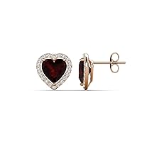 Heart Shape Red Garnet & Round Natural Diamond 3.24 ctw Women Heart Shape Halo Stud Earrings 14K Gold