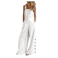 Women's Rompers Retro Art Solid Color Sleeveless Side Pocket Casual Wide Leg Buckle Jumpsuit Rompers, S-5XL