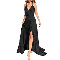 Sleeveless Satin Formal Party Dress for Women 2024 Bridesmaid Dresses V Neck Ruffles Evening Ball Gown