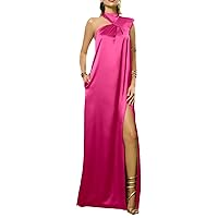 One Shoulder Ball Gown Floor Prom Dresses Silk Satin Evening Gowns Pleated Slit Party Dresses