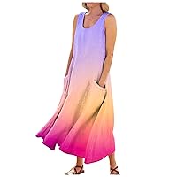 2024 Fashion Gradient Color Maxi Casual Dress,Summer Cami Flowy Dress Plus Size U Neck Beach Loose Tshirt Dress with Pockets