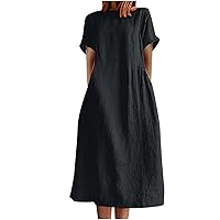 Linen Dress Women Long Sleeve Cotton Linen Midi Dress for Women, 2024 Casual Knee Length Dresses Trendy Sundresses Loose Short Sleeve Tunic Dress Vestidos para Mujer Black