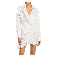 Womens White Feathered Pocketed Tie Unlined Cuffed Sleeve Surplice Neckline Mini Cocktail Wrap Dress 8