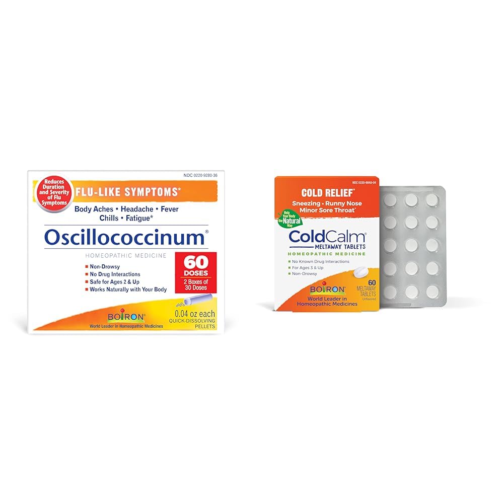 Boiron Oscillococcinum for Relief from Flu-Like Symptoms of Body Aches & ColdCalm Tablets for Relief of Common Cold Symptoms Such as Sneezing