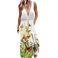 Tank Sundress for Women Summer V Neck Sleeveless Floral Butterfly Print Maxi Dress Long Flowy Beach Dress with Slit