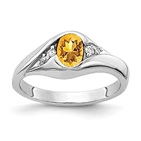 Solid 14k White Gold 6x4mm Oval Citrine Yellow November Gemstone Checker Diamond Engagement Ring (.058 cttw.)