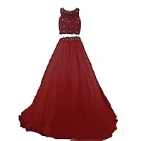 Two Piece Lace Prom Dresses Long Beaded Tulle Evening Party Ball Gown