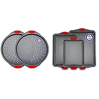 Pizza Tray – 2 Round with Silicone Handles & Baking Pan Set – 3 Piece Cookie Sheet – Deluxe Black Non-Stick Carbon Steel – Silicone Handles – Commercial Grade Restaurant Quality