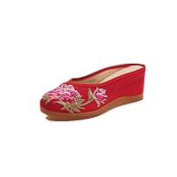 Women and Ladies The Flower Embroidery Wedge Sandal Slipper Shoes Red