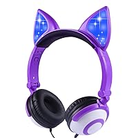 Kids Headphones, Wired Headphones On Ear, Cat Ear Headphones with LED for Girls, 3.5mm Audio Jack for Cell Phone (Purple)