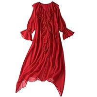 Women's Mulberry Silk Red Slimming Trumpet Sleeve Dress Long Asymmetrical Hem Dress