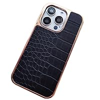 -Genuine Leather Case for iPhone 14Pro Max/14 Pro/14 Luxury Business Cowhide Cover Crocodile Texture Premium Electroplated Edge Protective (14 Pro Max,Black)