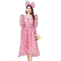 Runway Summer Pink Organza Princess Dress Women Heart Flower Printed Puff Sleeve Mesh Long Ball Gown