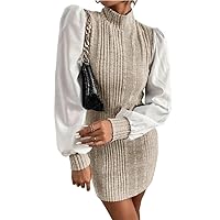 Autumn Collar Rib Knitted Dress Women Elegant Patchwork Slim Party Winter Long Sleeve Office Mini