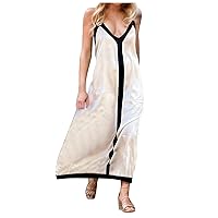 Manzene Trendy Color Block Maxi Dresses for Women 2024 Summer Sexy Spaghetti Straps V Neck Vacation Beach Dress Cover Up