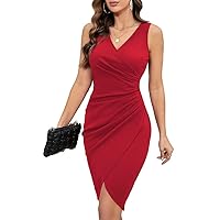Women's Wrap Ruched Cocktail Dress Sexy V Neck Sleeveless Bodycon Party Work Midi Dresses