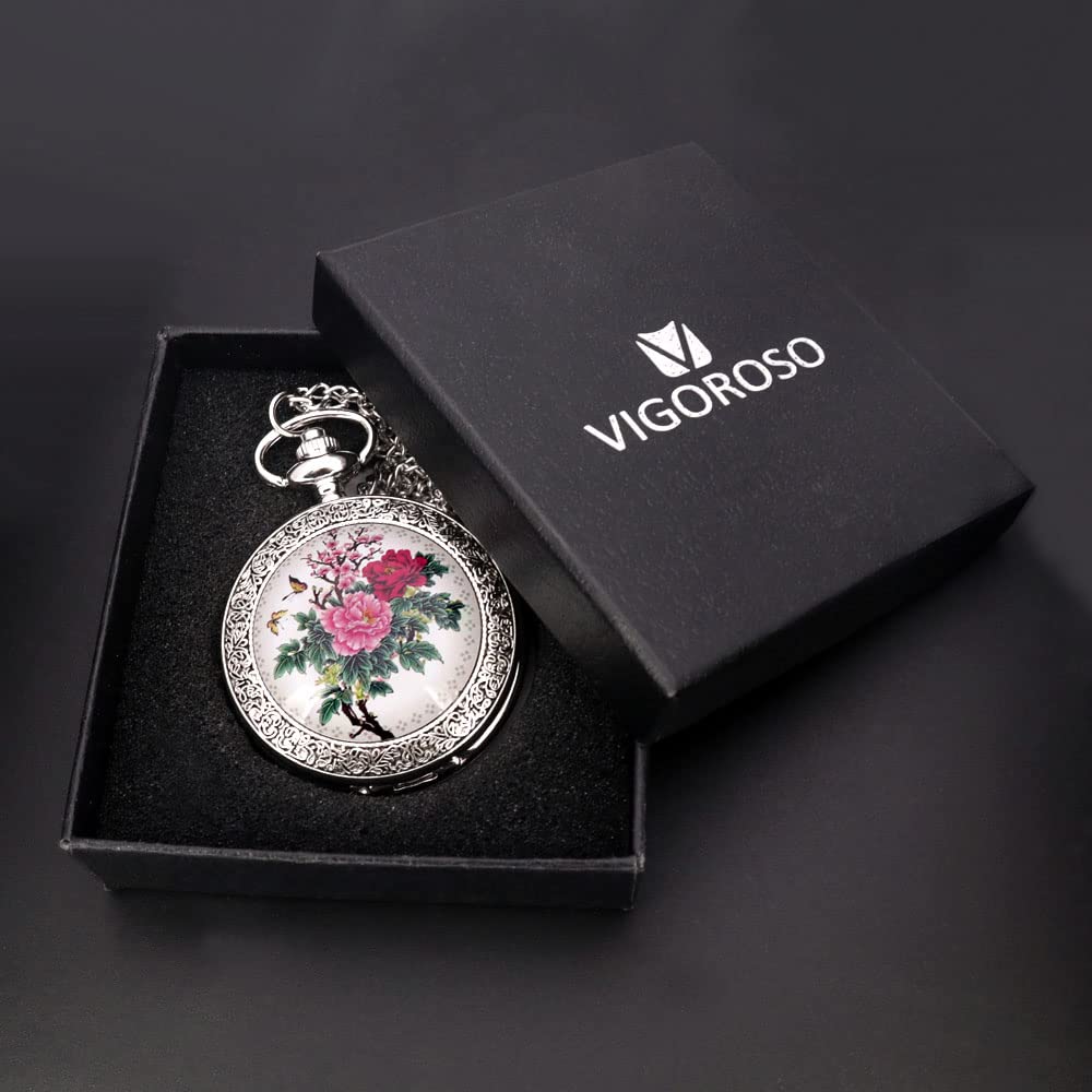 VIGOROSO Quartz Beautiful Peony Bird Enamel Painting Steampunk Silver Pocket Watches in Box